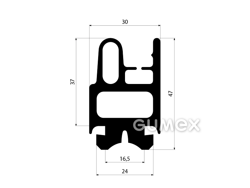 Geformtes Gummiprofil mit Loch, 47x30mm, Länge 2000mm, 70°ShA, EPDM, -40°C/+100°C, schwarz, 